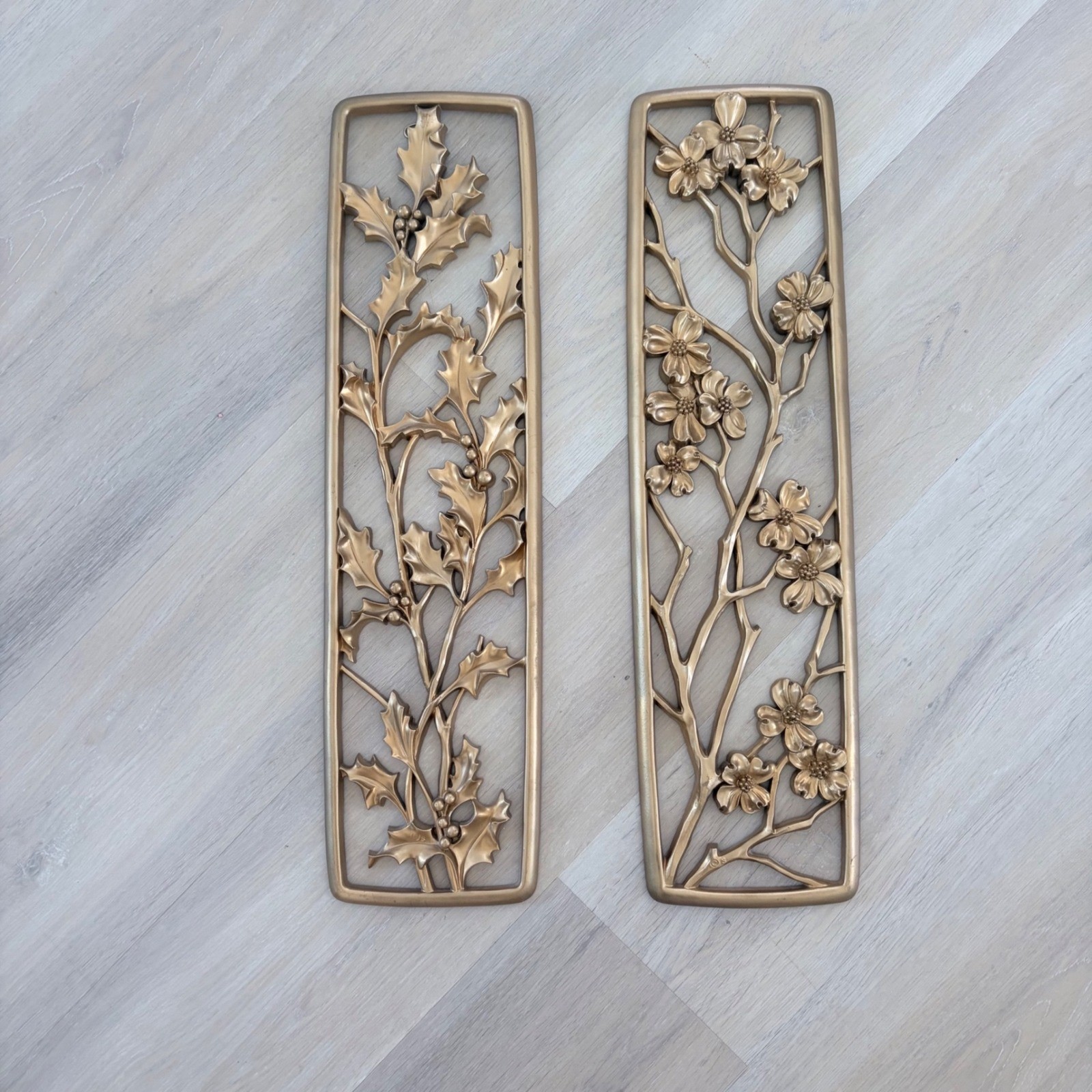 Vintage seasons Syroco Gold Wall Plaques Set of 2 Dogwood Holly Floral MCM 20×6