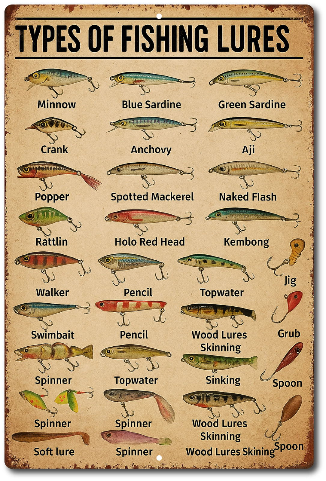 Vintage Fishing Lures Tin Sign 8×12 Rustic Metal Wall Decor Cabin Lake House