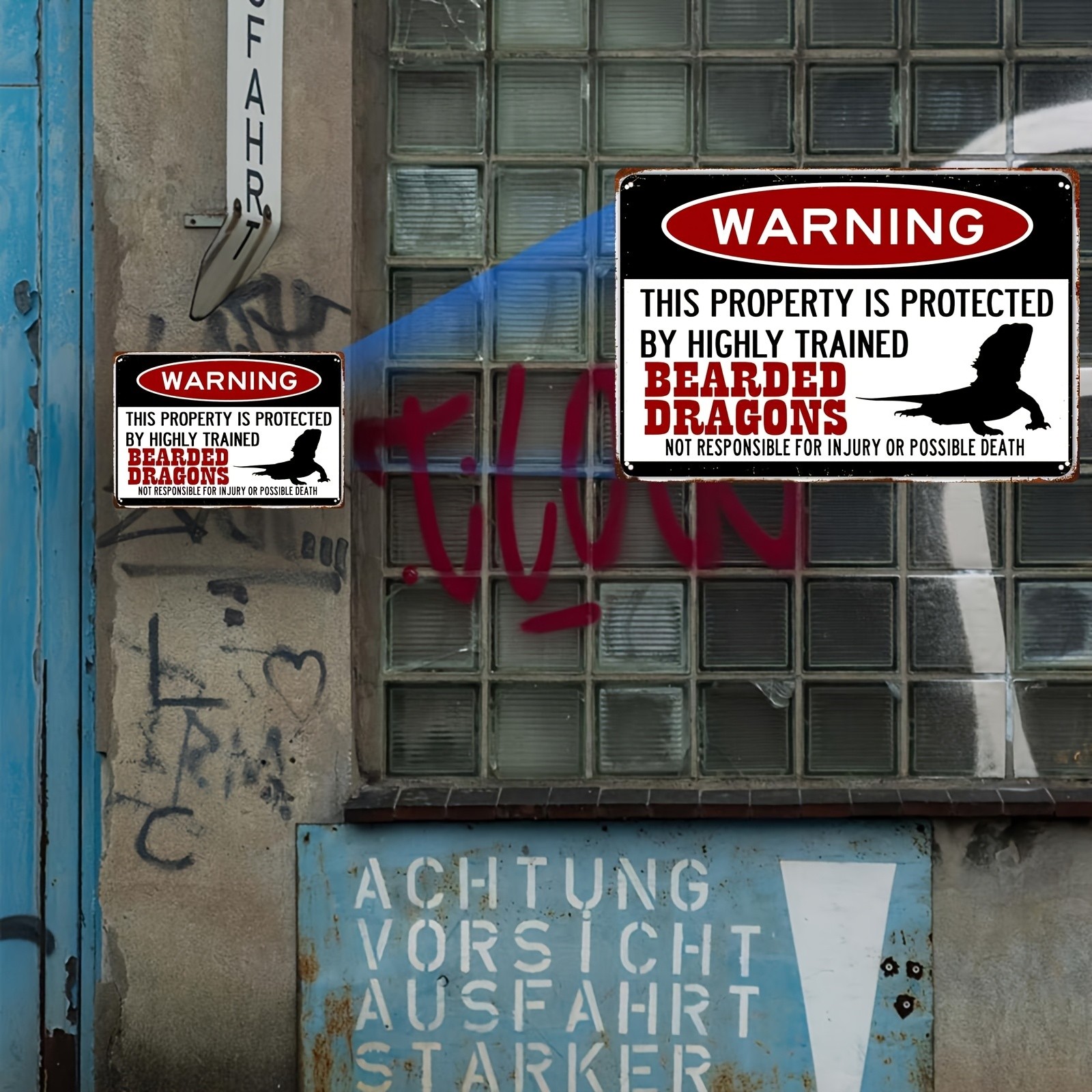 Art Deco Iron Tin Sign “Highly Trained Bearded Dragons” Warning