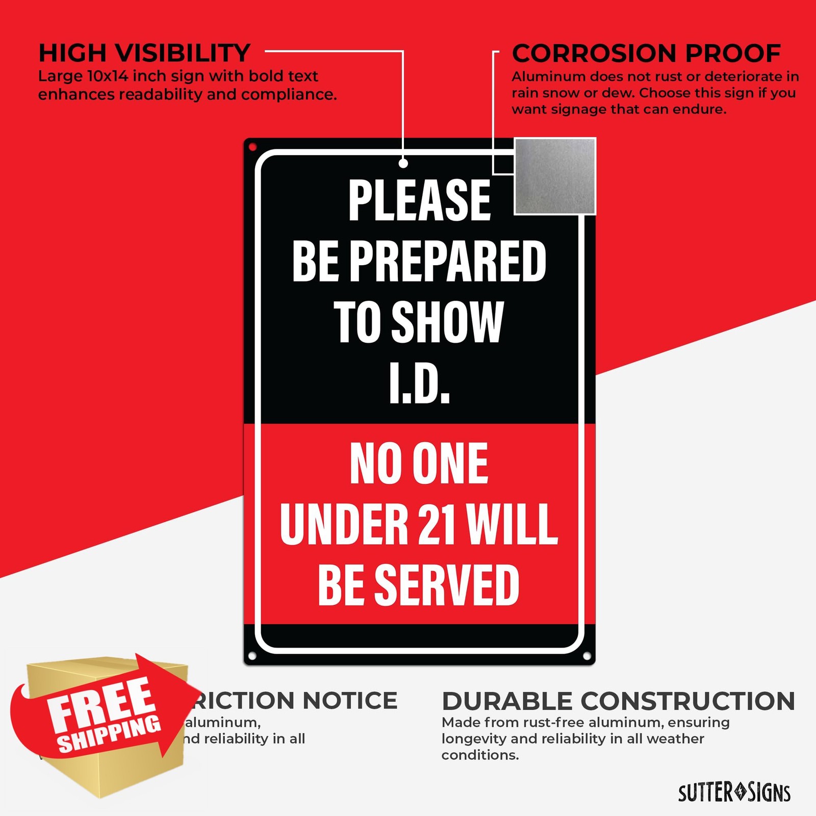 Sutter Signs Show ID 21+ Aluminum Sign 12×8″