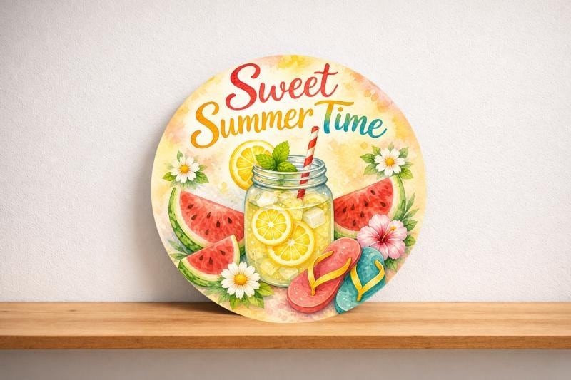 Sweet Summer Time Round Metal Sign Summer Door Hanger Watermelon Lemonade Decor