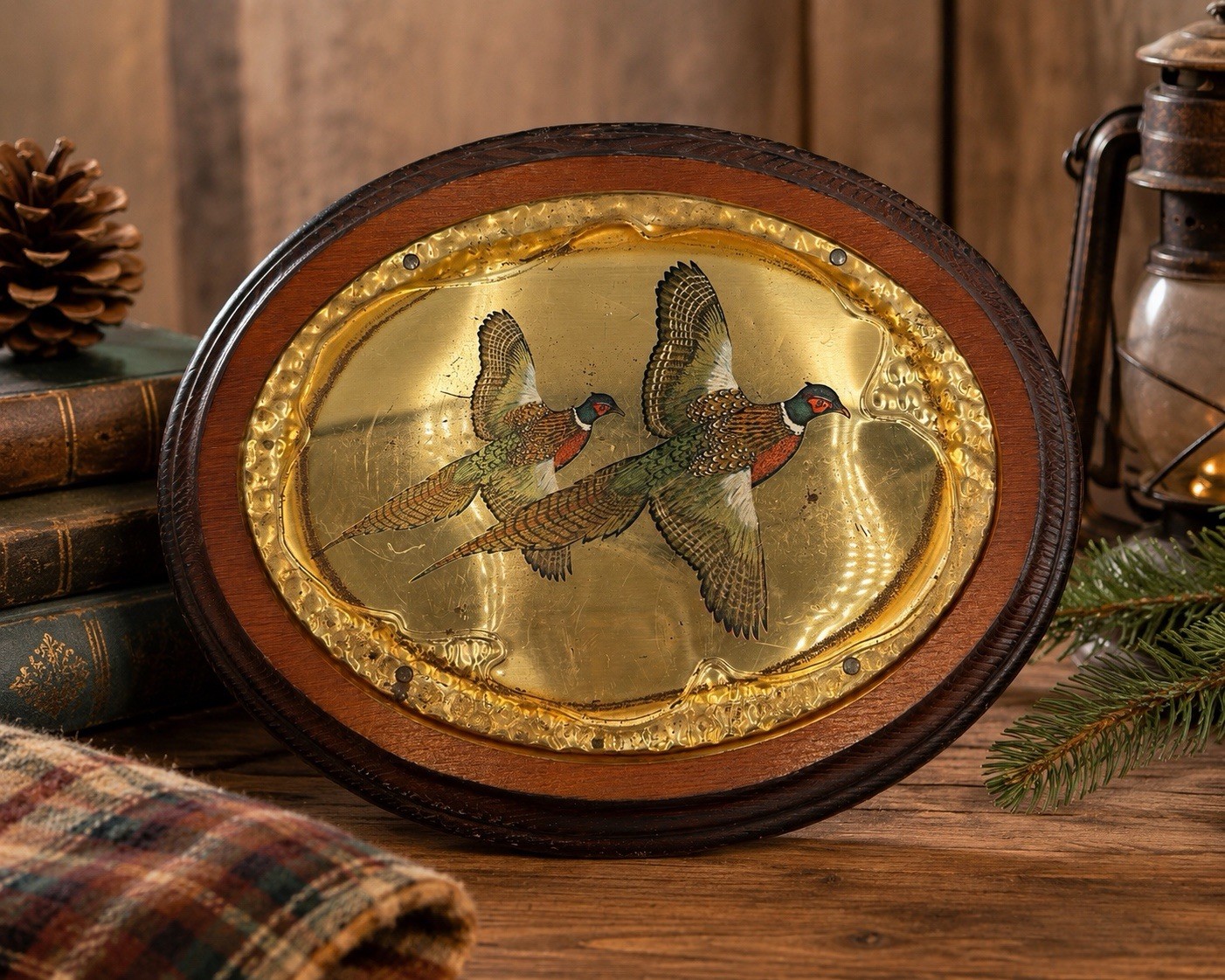 Vintage Pheasant Wall Plaque Hand Painted Embossed Metal Hunting Cabin Decor