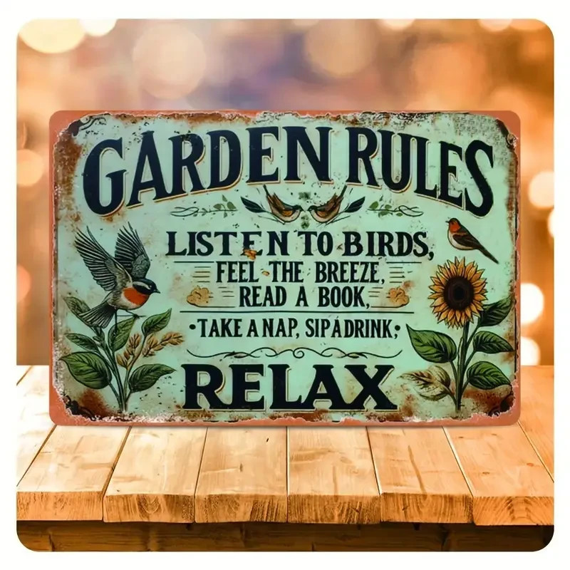 NEW 2D 8″x12″ Harmonious Garden Enthusiast Metal Sign “Garden Rules…Relax”