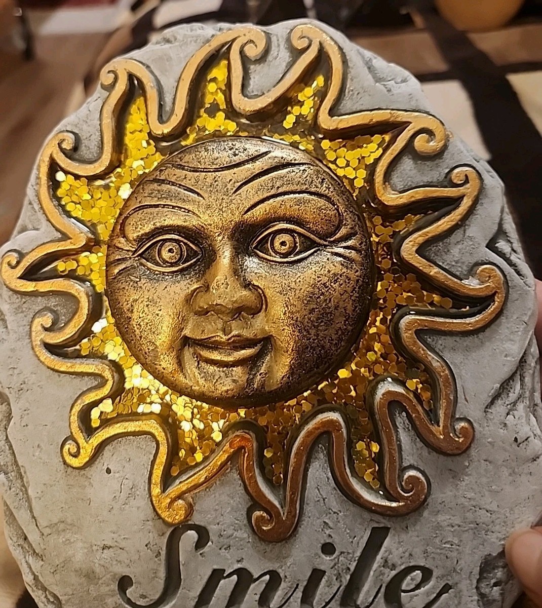 Cement Stone Gold Sun Moon Garden Smile Plaque Decor 7.5″ x 7″ FP