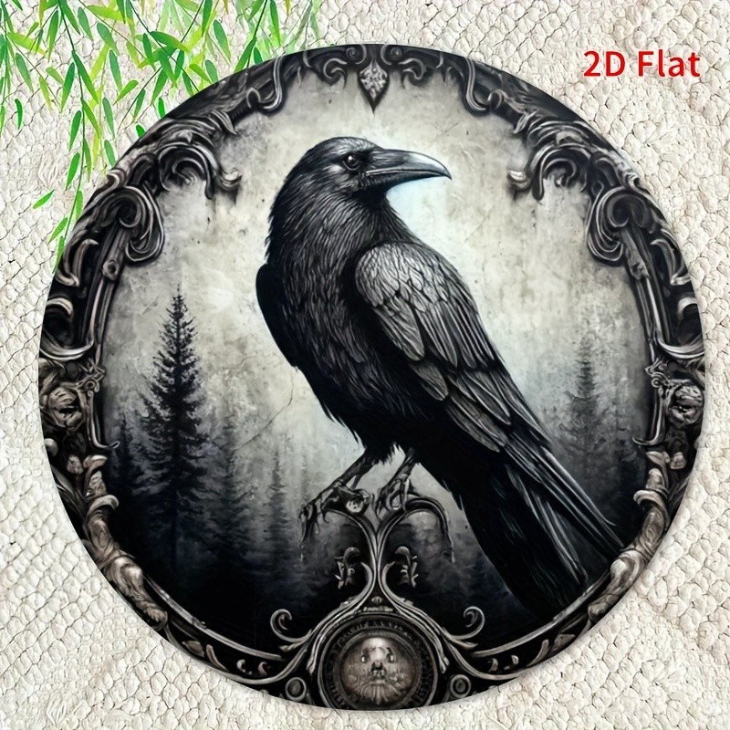Aluminum Tin Metal Sign Crow Theme Wreath Round Wall Art Decor 8×8