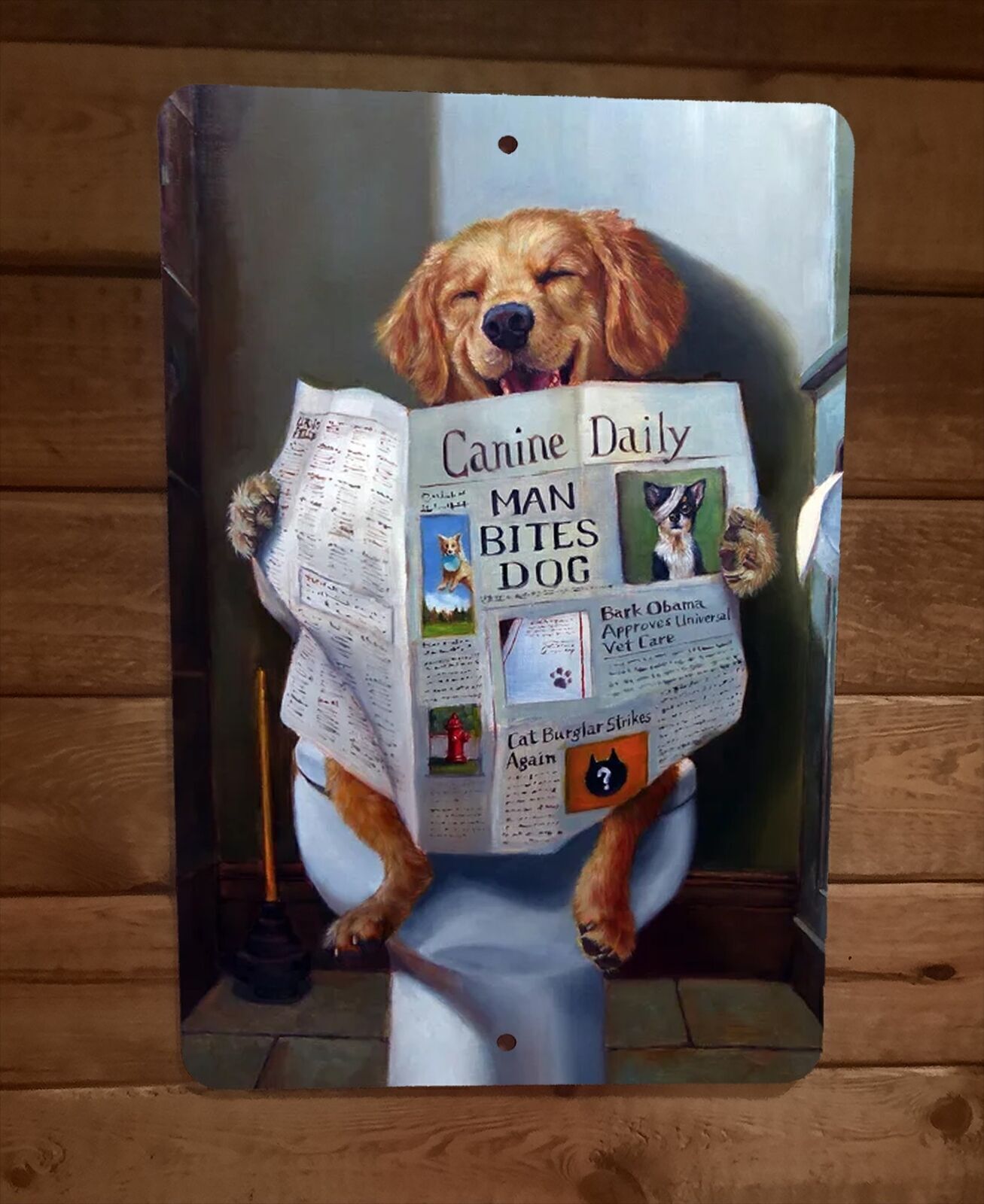 K9 Canine Daily Golden Dog on Toilet 8×12 Metal Wall Sign Bathroom Animal Poster