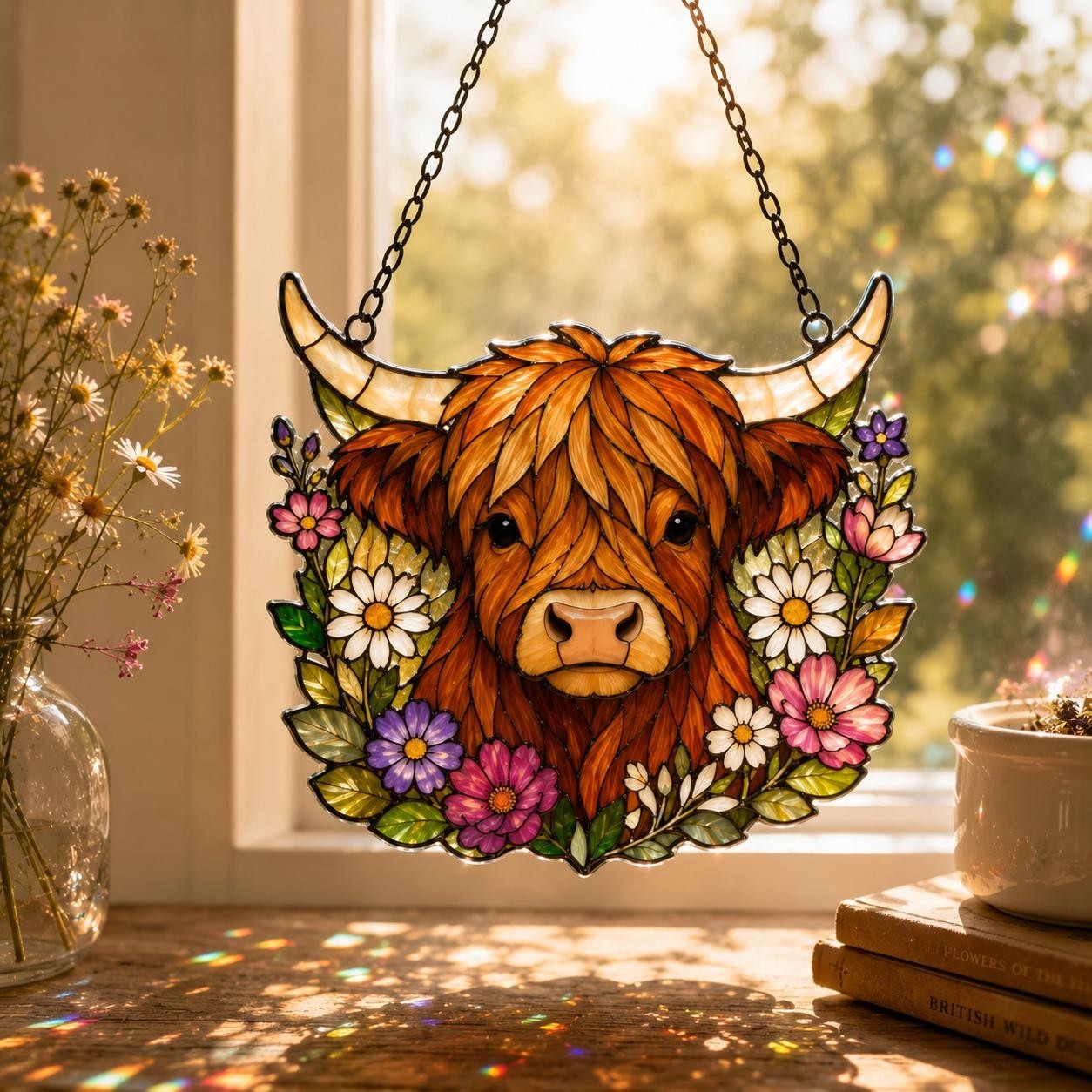 Highland Cow Suncatcher Acrylic Ornament, Floral Farmhouse Window Hanging