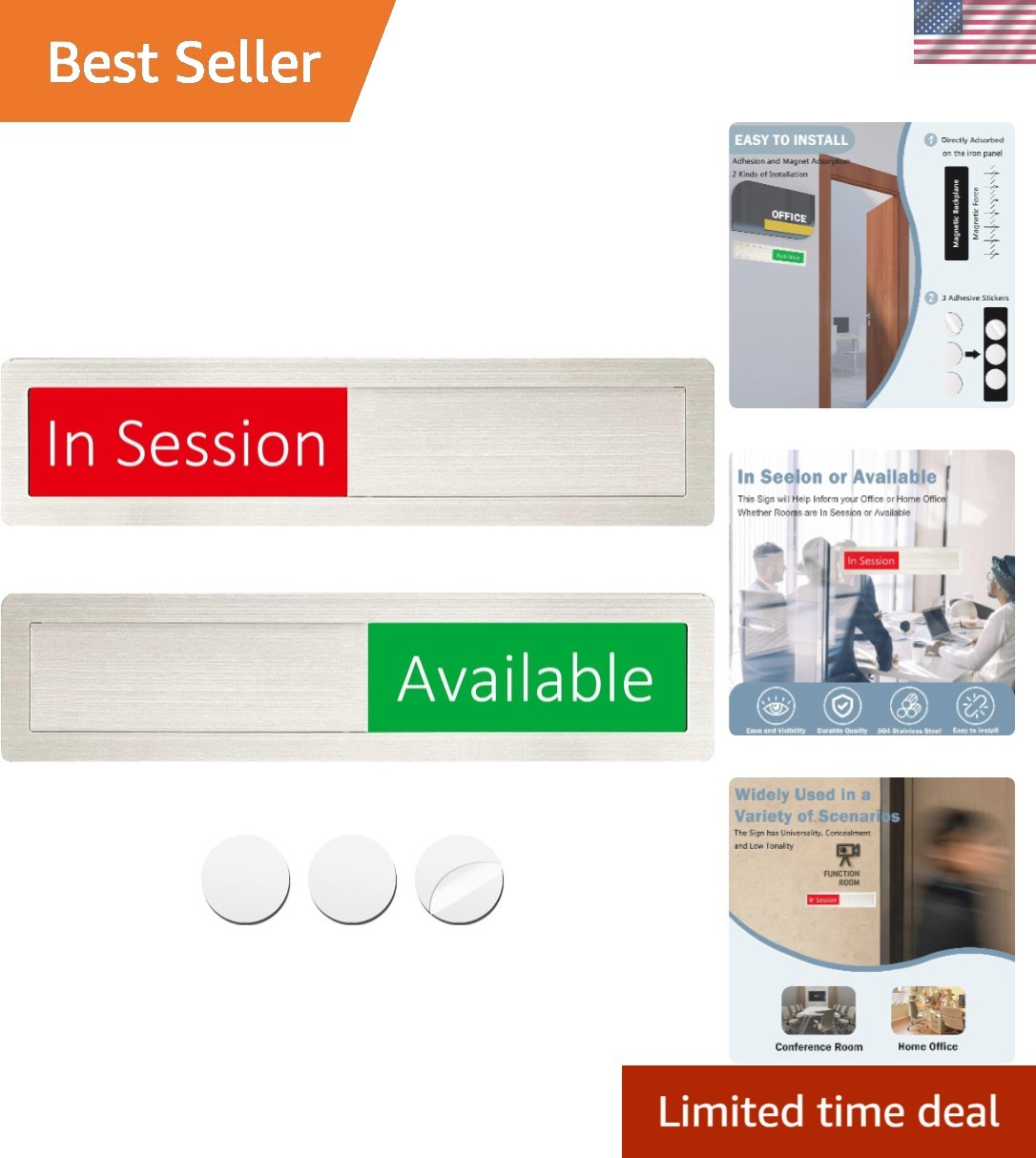 Movable Slider Door Sign: In Session or Available – 7” x 1.5” Stainless Steel
