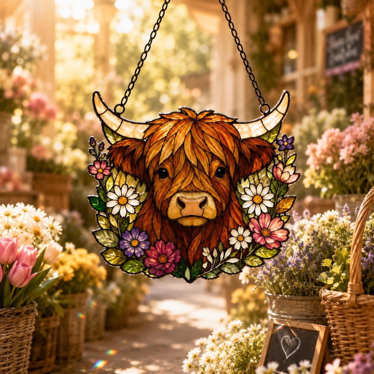 Highland Cow Suncatcher Acrylic Ornament, Floral Farmhouse Window Hanging
