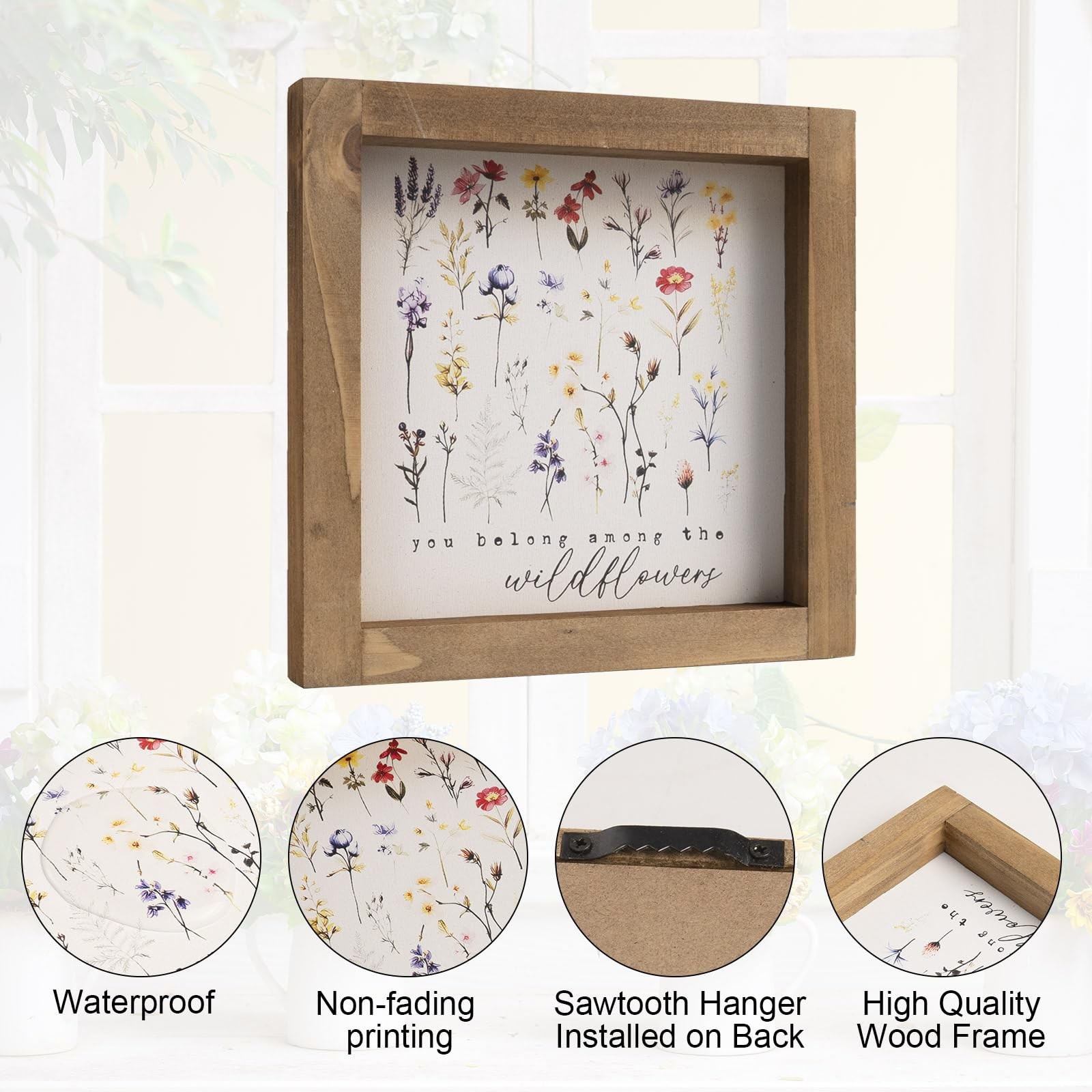 Wooden Wildflower Sign, 6 Inch Framed Wild Flower Pictures Decor Art, Wall Ta…