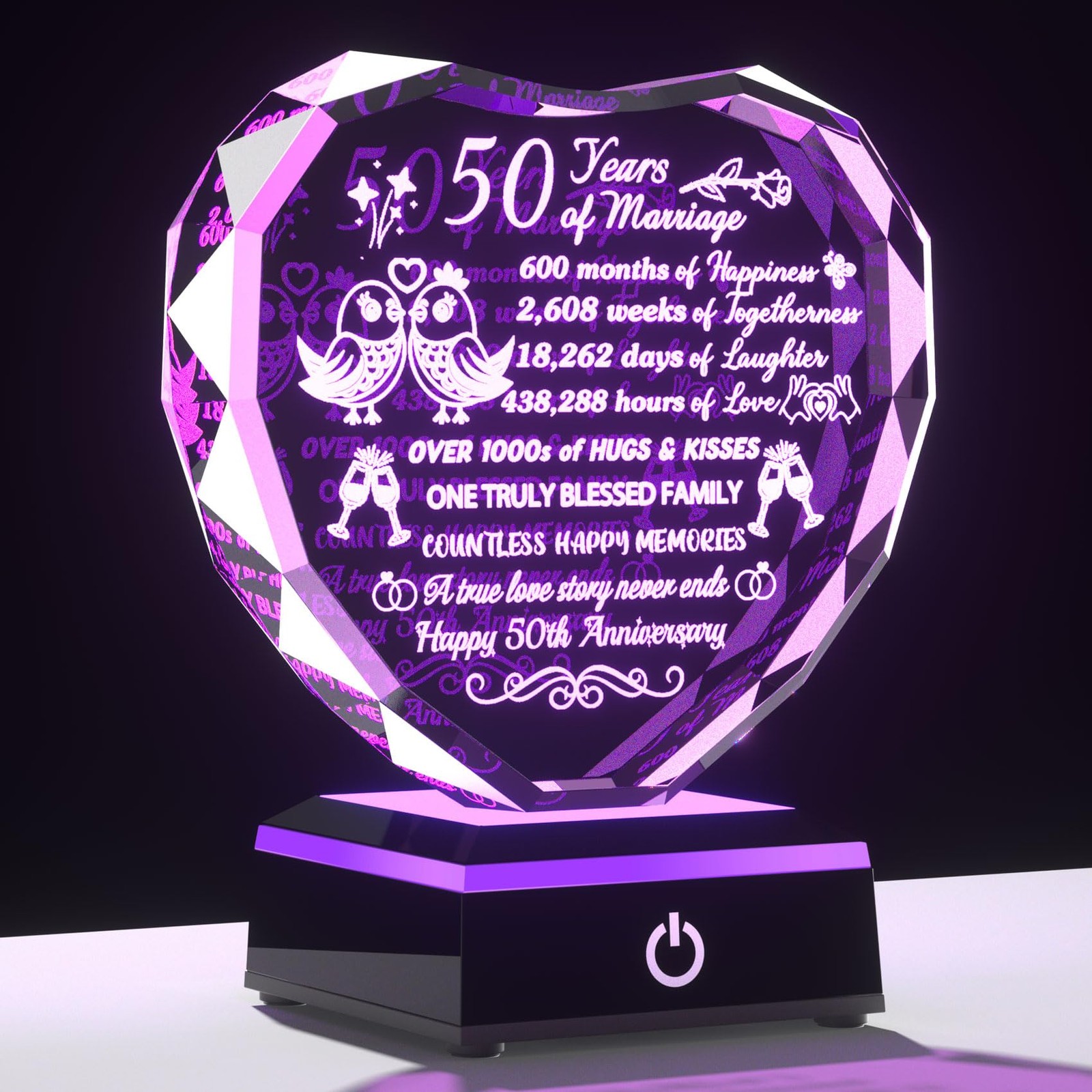 50th Wedding Anniversary Crystal Heart Keepsake K9 with Multicolor LED Base
