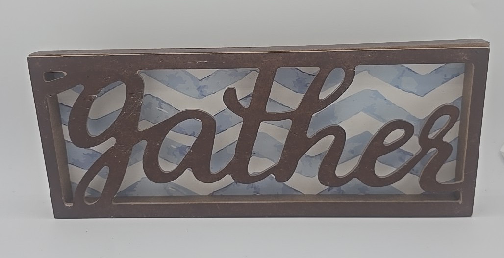 Wooden “Gather” Wall Décor- Freestanding- Sky Blue Gingham Pattern