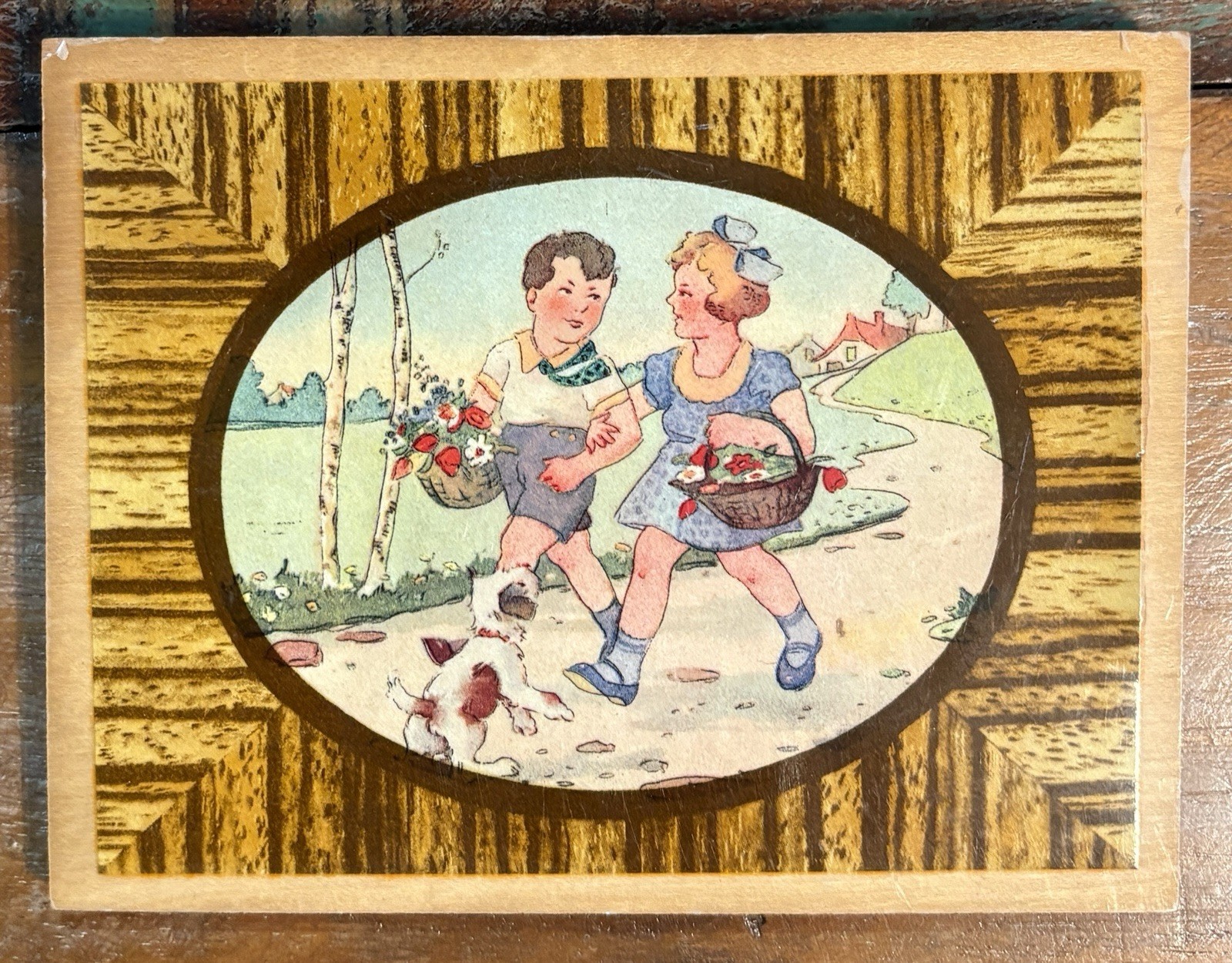 Vintage Miniature Wall Plaque with Boy Girl Dog Basket of Flowers Illustration