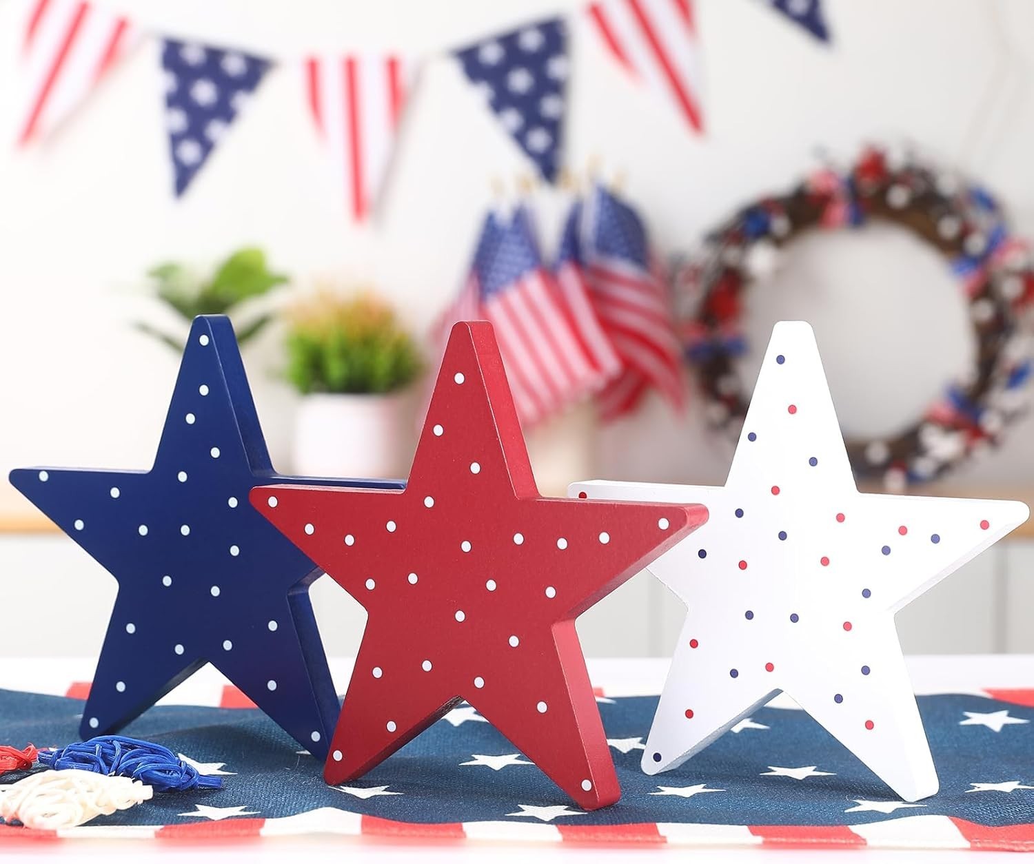 4th of July Decorations-3Pcs Patriotic Wooden Stars Sign-Classic Red White Bl…