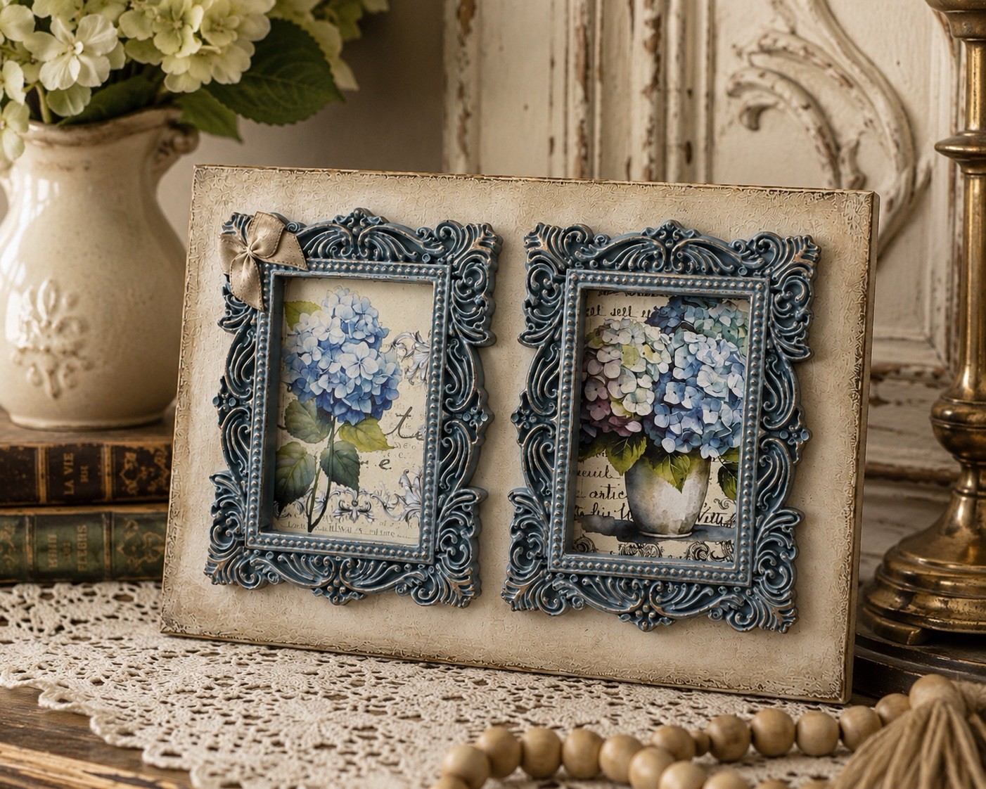 Blue Hydrangea Double Frame Wall Decor French Country Cottage Floral Art