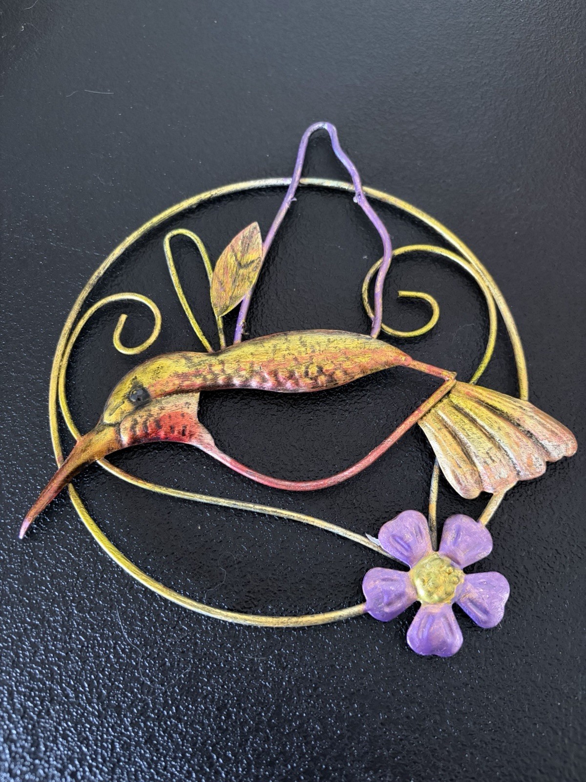 Hummingbird Metal Hanging Handcrafted Metal Art 7 in Gold Purple Red Age Unknown