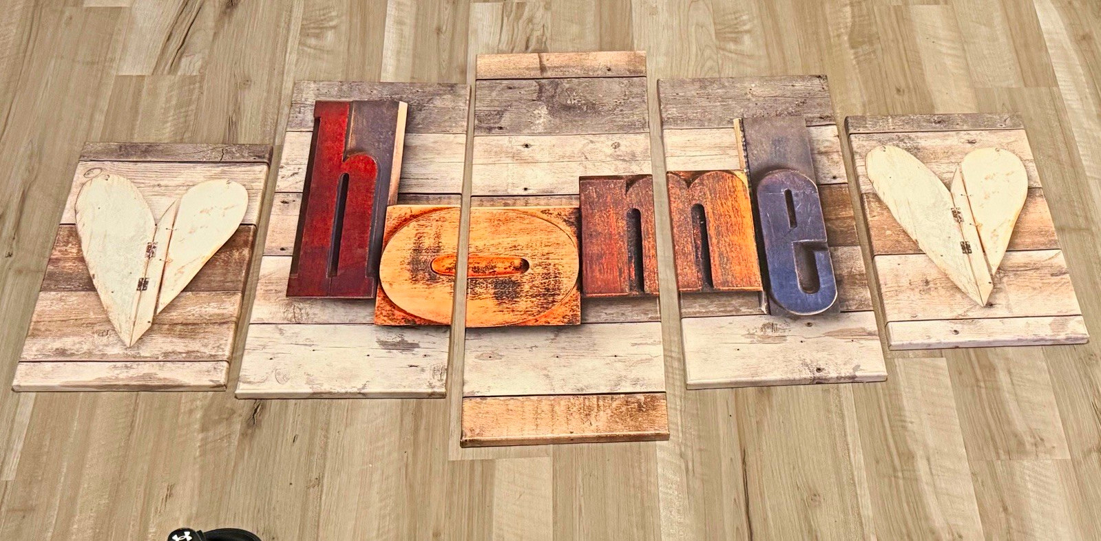 Rustic Distressed Wood Wall Sign “Home” Lettering with Heart Accents