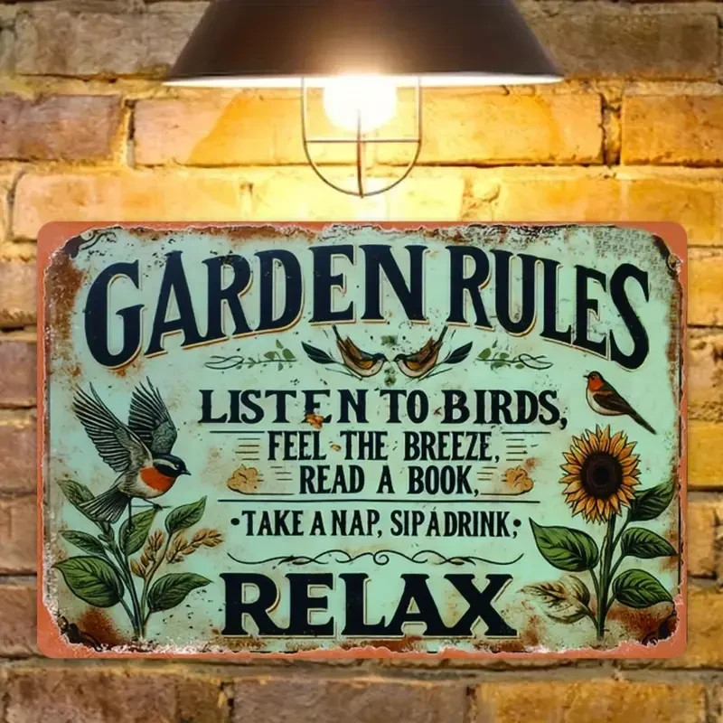 NEW 2D 8″x12″ Harmonious Garden Enthusiast Metal Sign “Garden Rules…Relax”