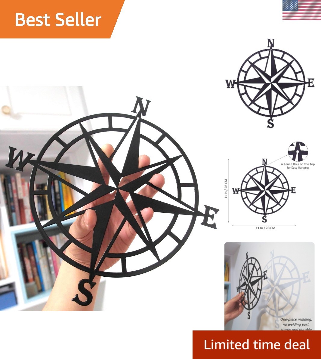 Lightweight 11″ Nautical Compass for Indoor/Outdoor Wall Art – Easy to Install