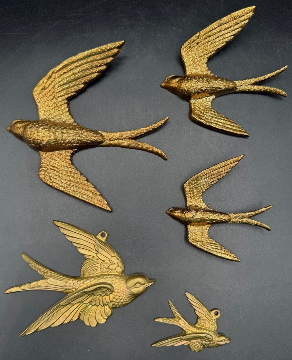 Mid Century Modern Burwood Gold Swallow Bird Wall Plaques Vintage Decor 5 Piece