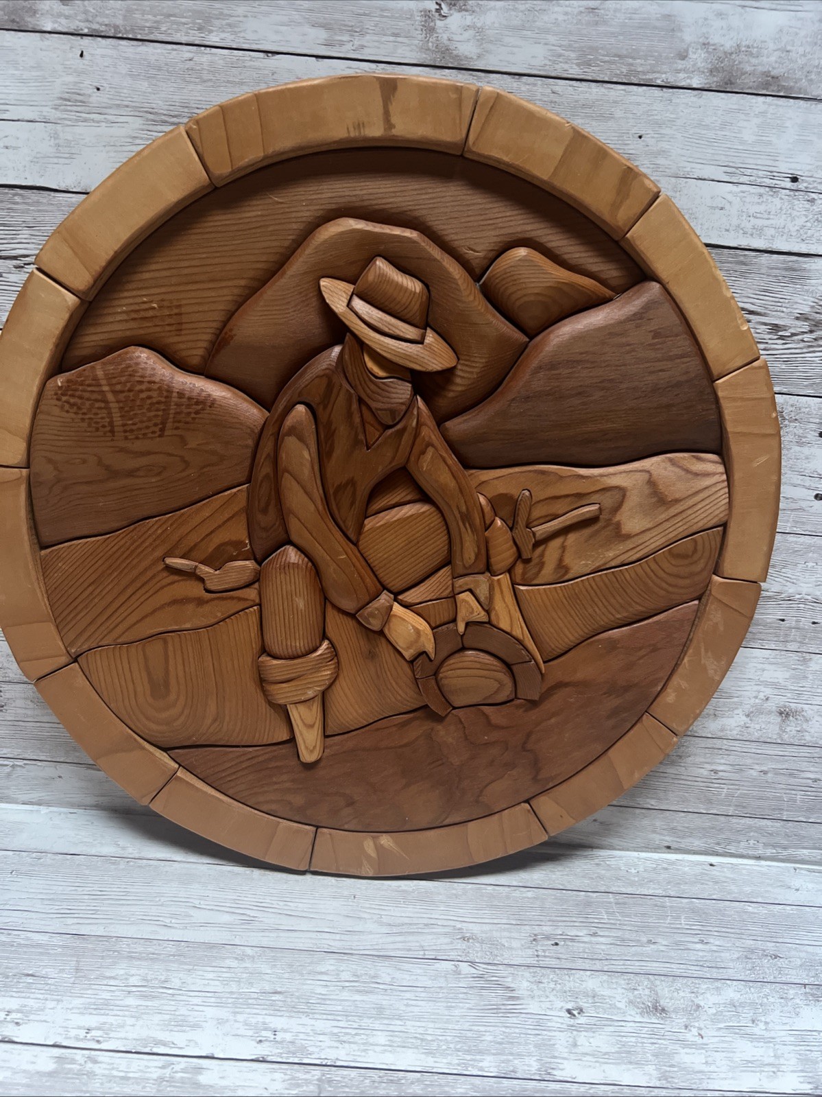 Handcrafted Intarsia Wood Art Round 14” Gold Mining Cabin Decor Made In Canada