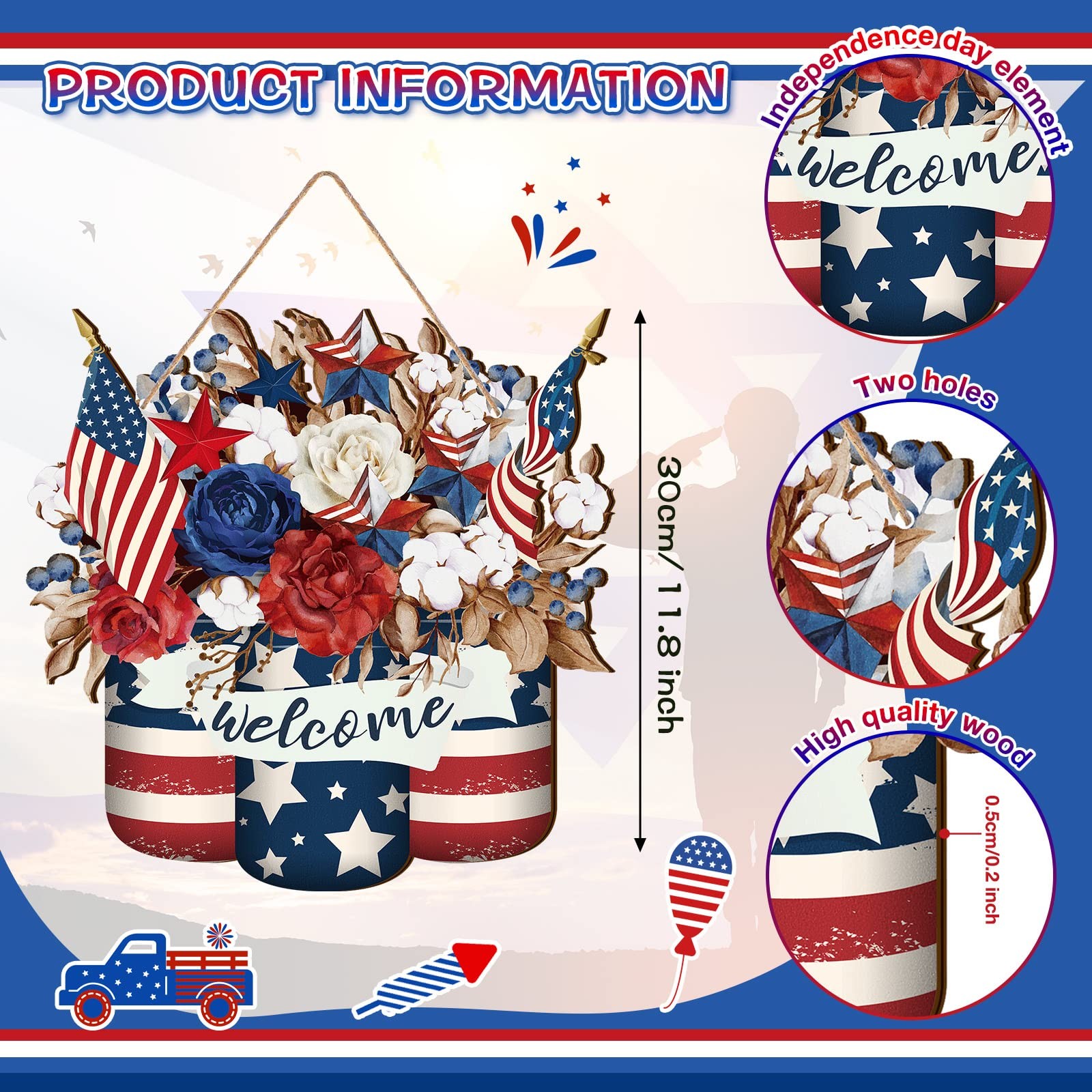 4th of July Patriotic Decoration Red White and Blue Wreath Sign 250th Anniver…