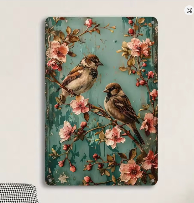 French Country Farmhouse Vintage Birds Cherry Blossom Floral Metal Art Sign 8×12