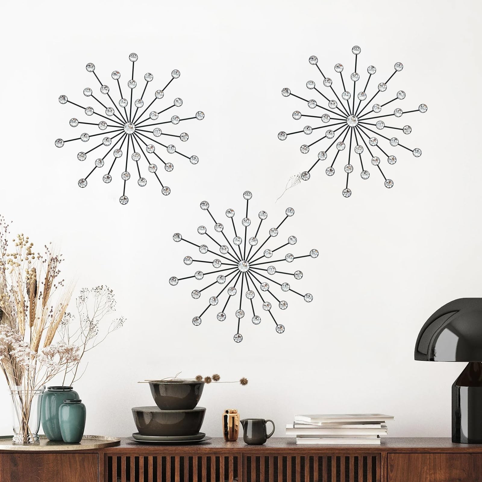 3 Pack Black Sunburst Wall Decor – Metal Crystal Wall Art with Sparkling Rhin…
