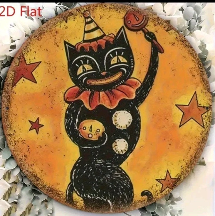 Vintage Black Cat Metal Wall Art Sign Round Retro Party Hat Balloon Decor