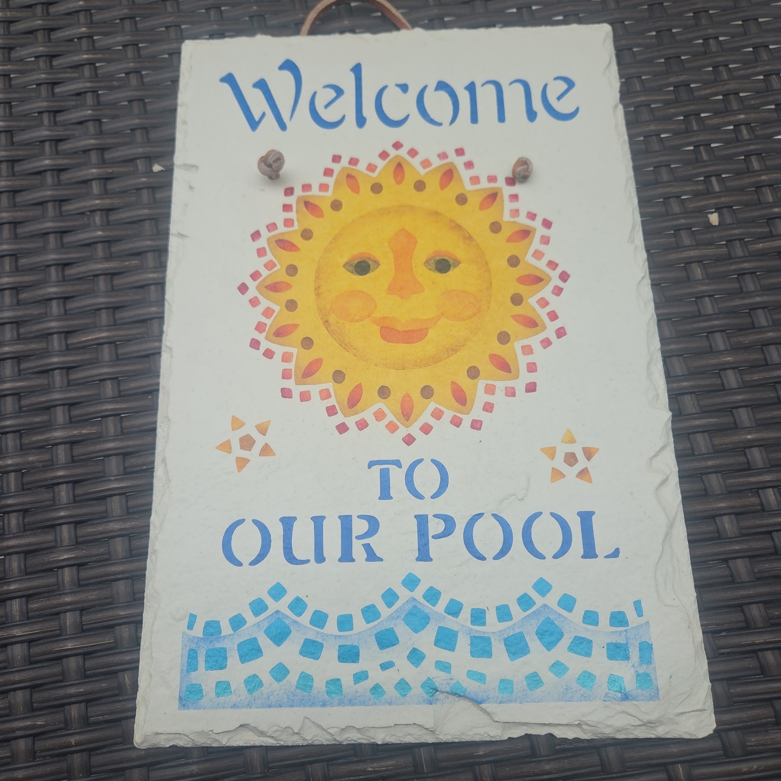Slate Handpainted Welcome To Our Pool Celestial Sun Sign Beach Waves 12″x8″