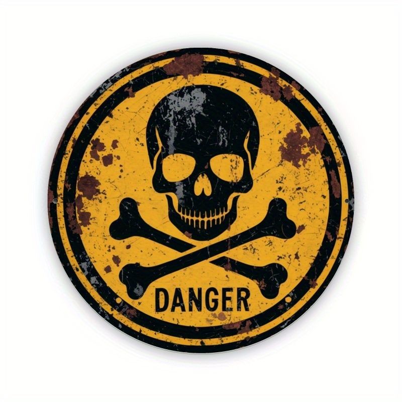 Round Warning Skull Metal Sign Danger Crossbones Vintage Industrial Wall Art
