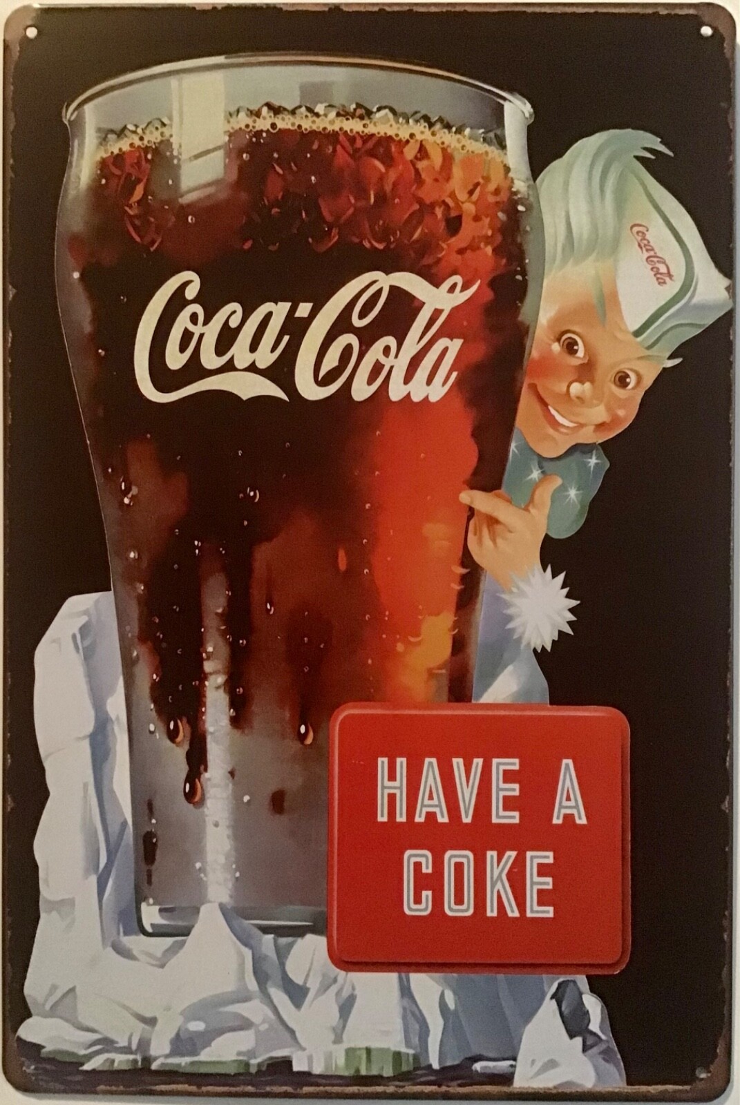 TIN SIGN 8×12 Coca cola famous drink beverage coke soda pop elf glass (Br12b)