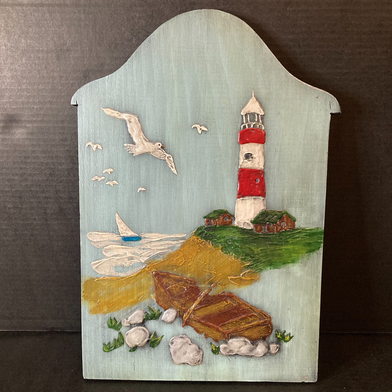 Hand Made/Painted Ocean Beach Scene Hanging Wood Wall Art 14.75inx9.5in