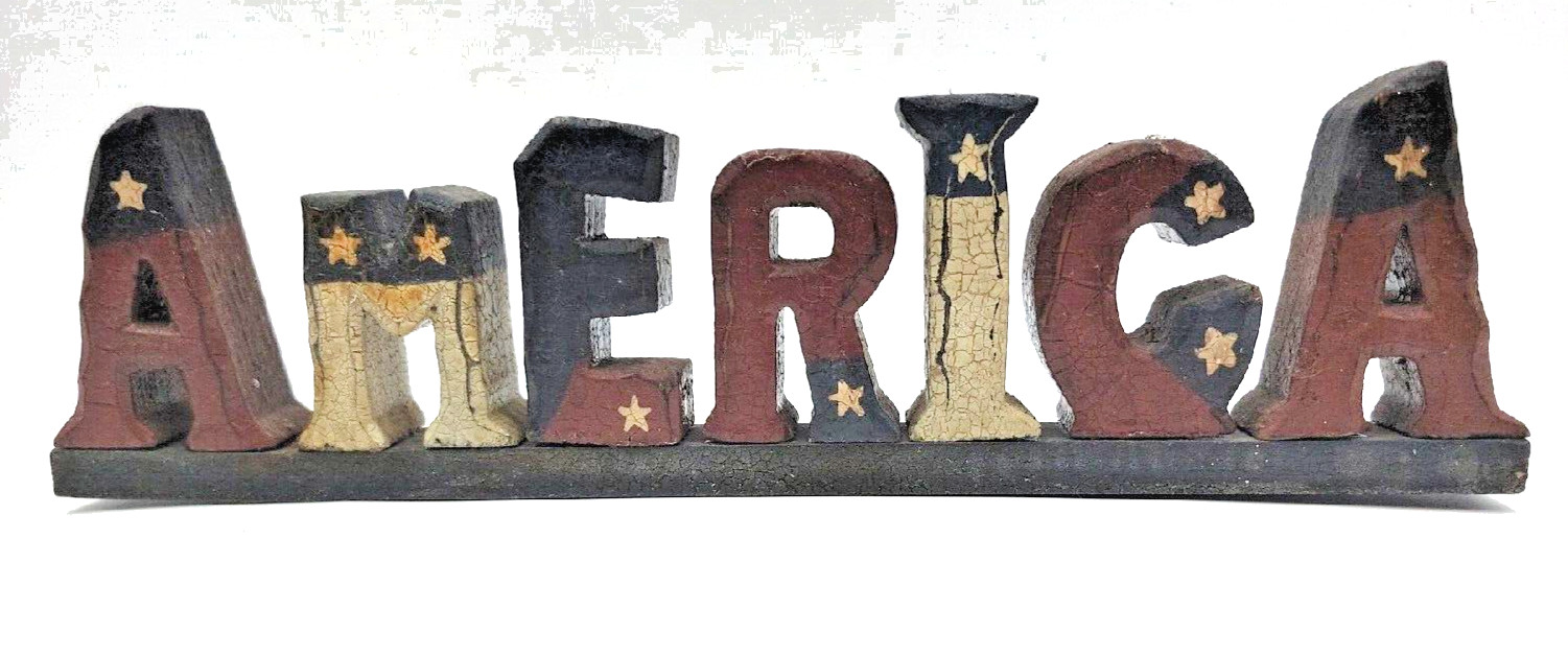 Americana Patriotic AMERICA WOOD WORD SIGN Shelf Sitter Red White Blue