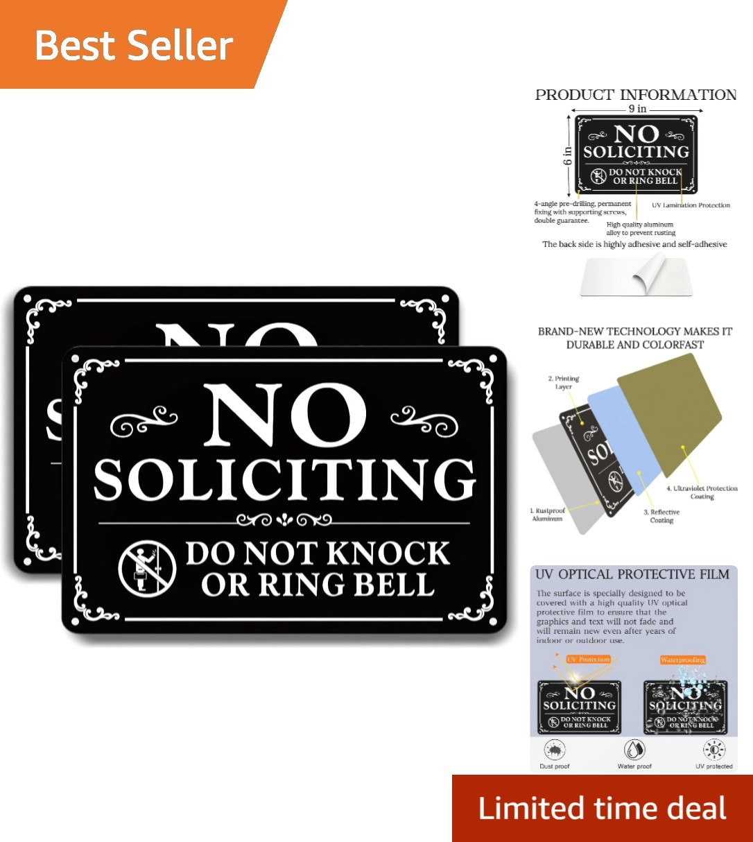 2 Pack No Soliciting Sign for Front Door,9 X 6 Inches Self-Adhesive No Solicitin